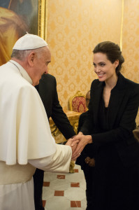 Pope Francis greets Angelina Jolie at the Vatican
