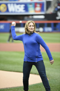 Edie Falco's first pitch at the New York Mets game