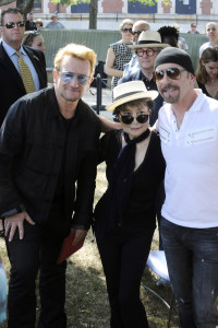 The Amnesty International Tapestry honoring John Lennon Unveiling at Ellis Island in New York City. Featuring: Bono, Yoko Ono, The Edge Where: New York, New York, United States When: 29 Jul 2015 Credit: Dennis Van Tine/Future Image/WENN.com **Not available for publication in Germany, Poland, Russia, Hungary, Slovenia, Czech Republic, Serbia, Croatia, Slovakia**