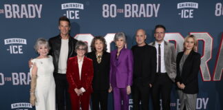 ta Moreno, Tom Brady, Sally Field, Lily Tomlin, Jane Fonda, Brian Robbins, Michael Ireland and Daria Cercek attend the Los Angeles Premiere of Paramount Pictures' "80 For Brady" at the Regency Village Theatre on Tuesday, January 31, 2023 in Los Angeles, California